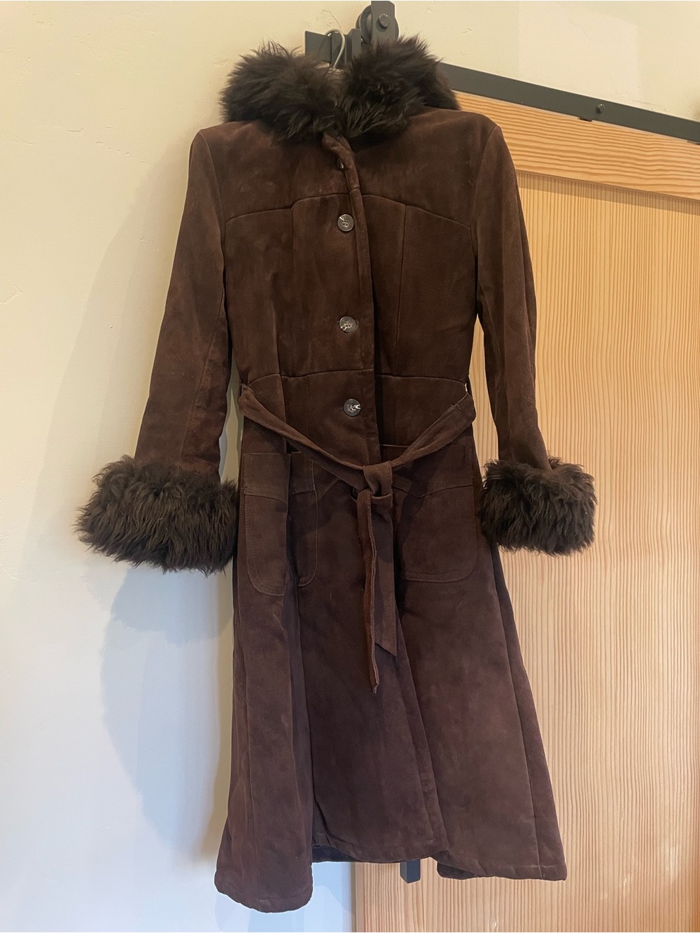 Women's Vintage Brown Suede Long Coat with Faux Fur Trim